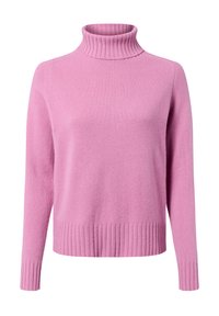 Roze coltrui gemaakt van zachte brei-stof. Heeft ribgebreide manchetten en zoom, een relaxte pasvorm, met een minimaal ontwerp en geen zichtbare patronen.