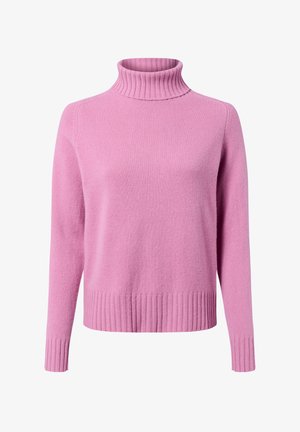Rosa Rollkragensweater aus weichem Strickmaterial. Mit gerippten Bündchen und Saum, lockerer Passform, minimalistischem Design und ohne sichtbare Muster.