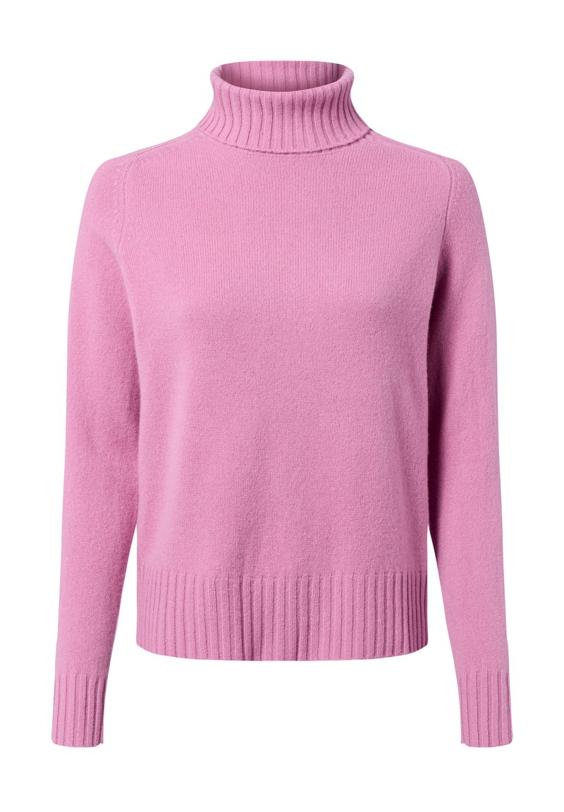 Roze coltrui gemaakt van zachte brei-stof. Heeft ribgebreide manchetten en zoom, een relaxte pasvorm, met een minimaal ontwerp en geen zichtbare patronen.