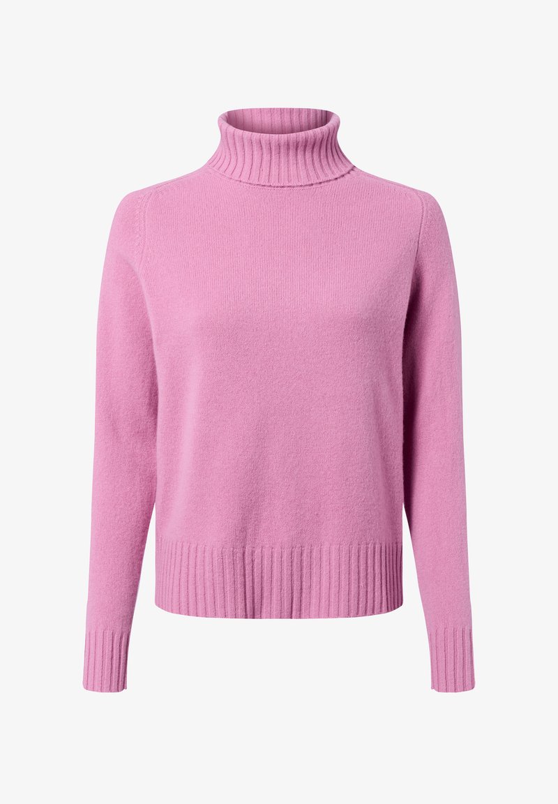 Roze coltrui gemaakt van zachte brei-stof. Heeft ribgebreide manchetten en zoom, een relaxte pasvorm, met een minimaal ontwerp en geen zichtbare patronen.