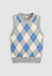 Pull gris sans manches avec un motif argyle bleu, blanc et jaune. Il présente un col rond et un ourlet côtelé. Fabriqué en tissu doux.