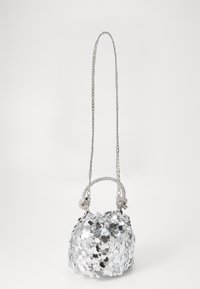 Silver sequin handbag with a rounded shape, short handle and long chain strap. Features shiny, circular sequins and a textured finish.