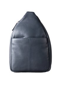 Blue leather bag with a triangular shape, smooth texture, zipper closure, and a front pocket. Subtle stitching detail on edges.