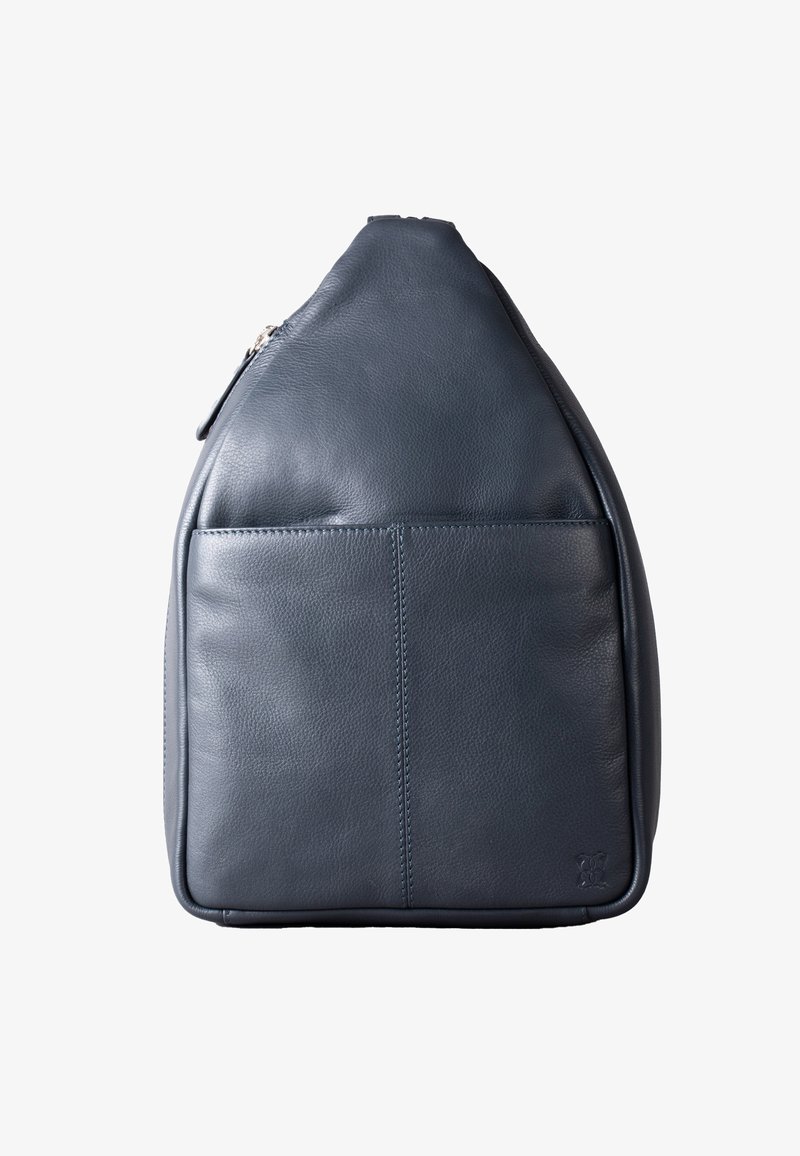 Blue leather bag with a triangular shape, smooth texture, zipper closure, and a front pocket. Subtle stitching detail on edges.