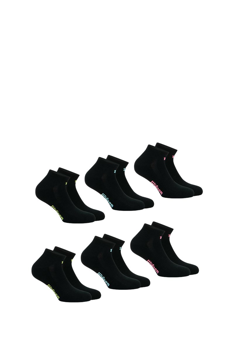 Chaussettes noires aux chevilles avec des accents de logo colorés : rose, bleu et jaune. Fabriquées dans un matériau doux avec une coupe ajustée.