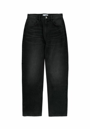 Black denim jeans with a high waist, straight-leg cut, classic five-pocket design, and subtle faded detailing on the fabric.