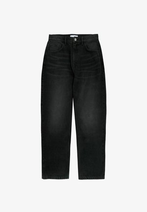 Black denim jeans with a high waist, straight-leg cut, classic five-pocket design, and subtle faded detailing on the fabric.
