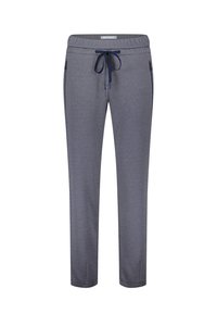 Navy-gepatroniseerde joggers met een verstelbare tailleband, twee zijzakken met rits en taps toelopende pijpen, gemaakt van een zachte, gestructureerde stof.