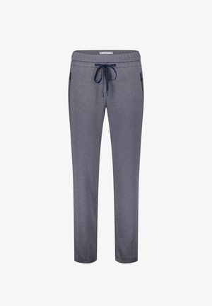 Pantaloni jogger a fantasia navy con vita a coulisse, due tasche laterali con zip e gambe affusolate, realizzati in un tessuto morbido e testurizzato.