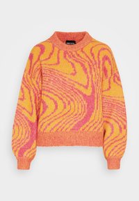 Stickad tröja med rund hals, långa ärmar och ribbade muddar i en orange och rosa virvlande mönster.