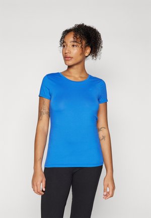 Blauwe korte mouwen sport t-shirt gemaakt van lichtgewicht, gladde stof. Heeft een ronde halslijn en een aansluitend ontwerp voor comfortabel dragen.