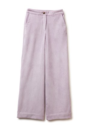 Lichtpaarse wijde broek gemaakt van corduroy stof, met verticale strepen, twee voorzakken en een knoopsluiting in de taille.