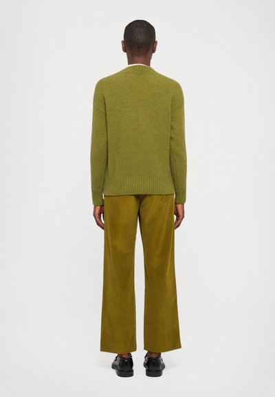 Man wearing olive green knit sweater and matching wide-leg corduroy pants standing with back to the camera, on white background.