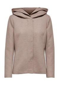 Beige women's wool-blend coat with a wide hood, long sleeves, and a concealed front closure, shown on a white background.