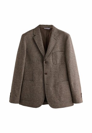 Brauner Hahnentritt-Blazer mit Reverskragen, zwei Knöpfen und Fronttaschen. Strukturierter Stoff mit glatter Innenausstattung.