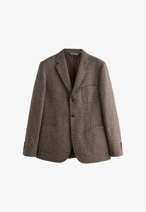 Blazer maro cu tip houndstooth, cu revere în formă de dop, două butoane și buzunare frontale. Material texturat cu o captuseală interioară netedă.