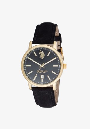 Orologio da polso con cassa dorata, quadrante nero, indici delle ore dorati, datario alle 6, cinturino in pelle nera e logo U.S. Polo Assn. alle 12.