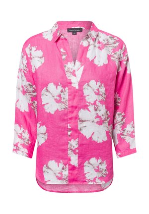 Roze linnen overhemd met wit bloemenpatroon, lange mouwen, V-hals en licht gebogen zoom. Etiket vermeldt "Franco Callegari."