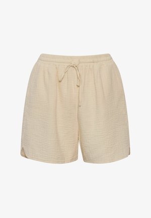 Bézs színű, texturált anyagú rövidnadrág gumis derékpánttal és elöl húzózsinórral, kis oldalsó nyílásokkal az alsó szegélyen.