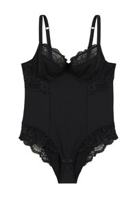 Bodysuit en dentelle noire avec des bretelles ajustables, des bonnets à armatures et une fermeture à pression à l'entrejambe, présentant une bordure en dentelle florale sur les bonnets et les ouvertures de jambe.