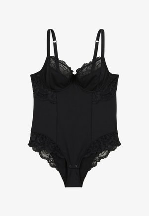 Bodysuit en dentelle noire avec des bretelles ajustables, des bonnets à armatures et une fermeture à pression à l'entrejambe, présentant une bordure en dentelle florale sur les bonnets et les ouvertures de jambe.