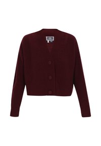 Burgundy neulecardigan, jossa on syvä V-pääntie, lyhyt malli ja edessä kolme suurta pyöreää nappia. Pehmeä rakenne ja ribbitekstuuri.