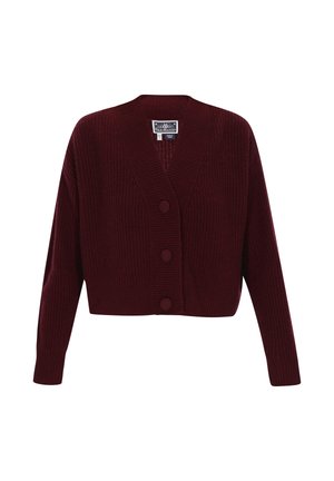 Burgundy knitted cardigan with a deep V-neck, cropped design, and three large round buttons at the front. Soft texture and ribbed detailing.