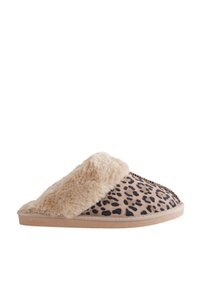 Leopardimustriga suss, millel on pehme, beežjas kunstkarvane kaelus. Pealne on pehme kangas ja tallaalune on beež värvi kummist. Ümar kuju, vabaaja disain.