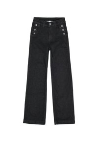 Korkeavyötäiset mustat leveälahkeiset farkut, joissa on kuusi hopeista nappia, kolme kummallakin puolella lantiolla, ja edessä napitus.