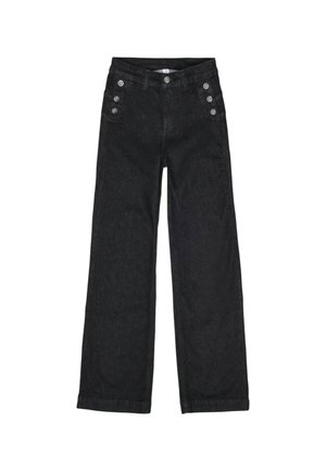 Jeans de pierna ancha negra de cintura alta con seis botones plateados, tres a cada lado cerca de las caderas, y un cierre de botón en el frente.