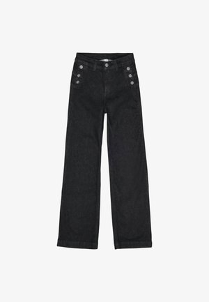 Jeans neri a gamba larga a vita alta con sei bottoni argentati, tre su ciascun lato vicino ai fianchi, e chiusura anteriore con bottone.