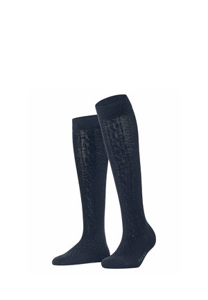 Par de calcetines negros hasta la rodilla con un sutil patrón de punto trenzado y puños acanalados.