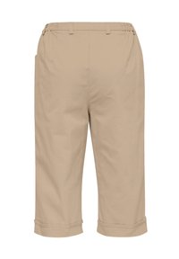 Pantalon beige raccourci à coupe décontractée, taille élastique et poignets retroussés. Fabriqué en tissu doux avec des poches latérales.