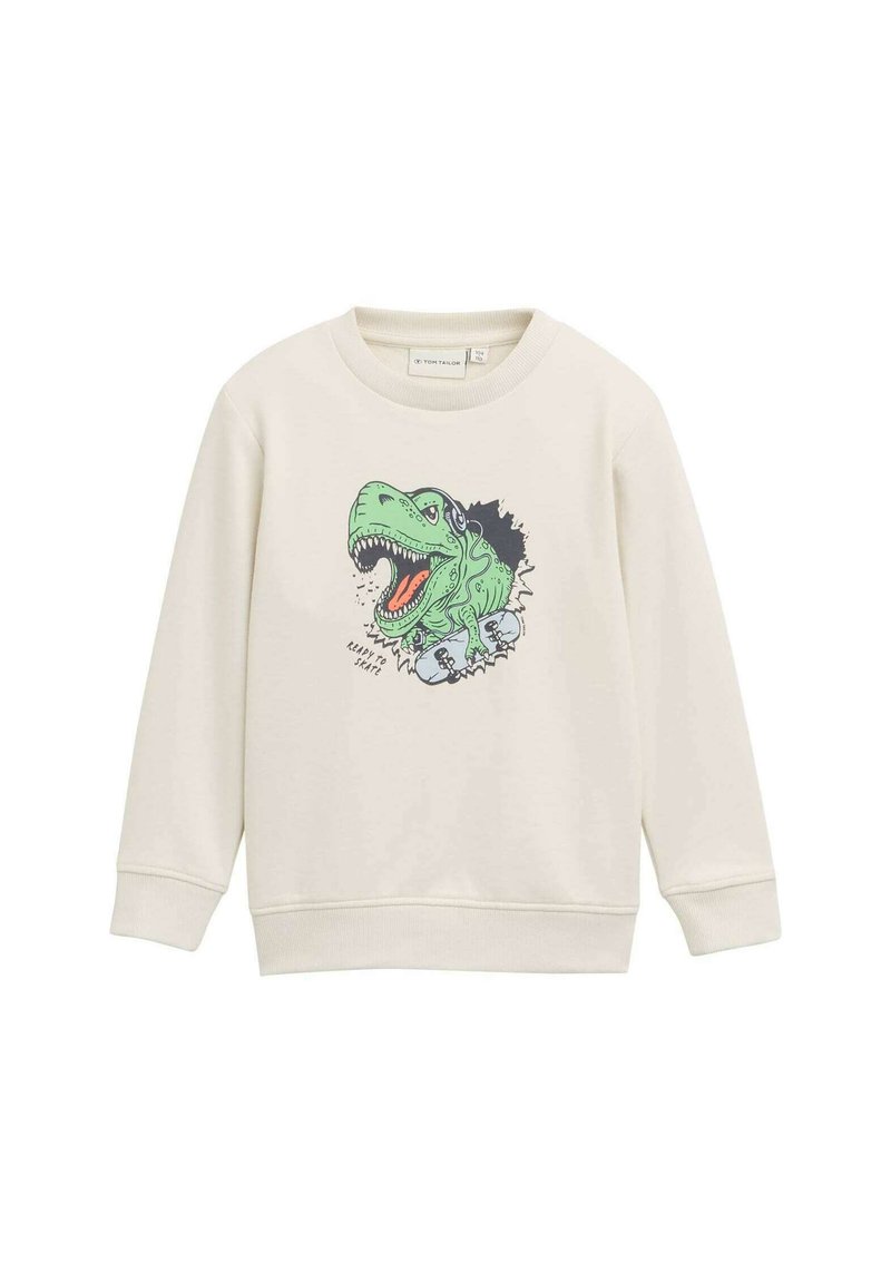 Felpa color crema con maniche lunghe, caratterizzata da una grafica di un dinosauro verde con uno skateboard. Collo e polsini a coste.