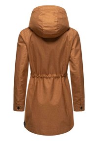 Brown, hooded jacket with a drawstring waist, smooth texture, long sleeves, and button accents at the cuffs. Back view, no pockets visible.