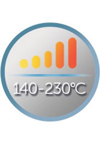 Sirkulært ikon med sølvbakgrunn. Viser en gradient av fargede streker (gul til oransje) og teksten "140-230°C" i hvitt.