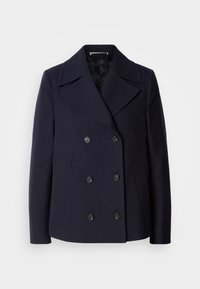 Manteau en laine navy à col en double boutonnage, avec de grands revers, boutons noirs et poches latérales. Texture lisse et coupe ajustée.