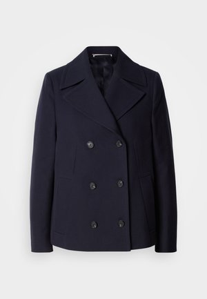 Marineblauer Woll-Peacoat mit einem doppelt geknöpften Design, großen Reverskragen, schwarzen Knöpfen und seitlichen Taschen. GlatteTextur und taillierte Passform.