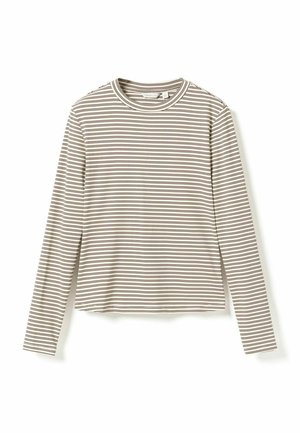 Beige langærmet skjorte med tynde horisontale sorte striber og rund halsudskæring, lagt fladt på hvid baggrund.