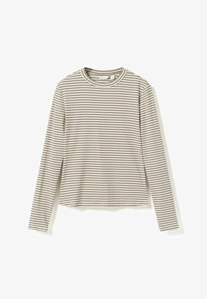 Chemise beige à manches longues avec fines rayures horizontales noires et col rond, posée à plat sur un fond blanc.