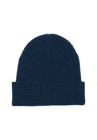 Bonnet en tricot bleu foncé avec un motif texturé. Présente un revers plié pour un ajustement réglable et un design côtelé pour la chaleur.