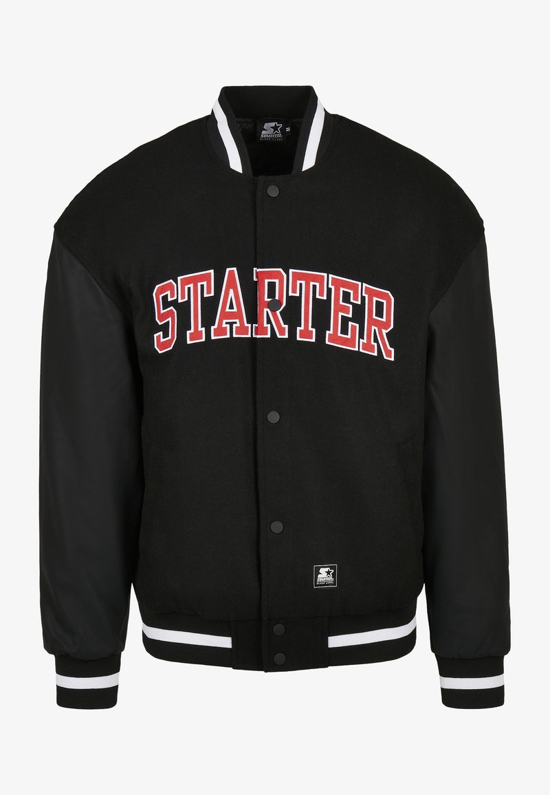 Giacca varsity nera con corpo in lana, maniche in pelle, lettering rosso "STARTER", polsini e orlo a coste con strisce bianche, e chiusura a bottoni a pressione.