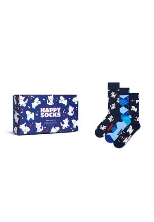 Geschenkbox mit der Aufschrift "Happy Socks", versehen mit Illustrationen von einem weißen Hund und einer Katze, daneben drei Paar blauer Socken mit Mustern von Hund, Katze und Argyle.