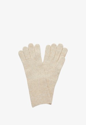 Para beżowych wełnianych rękawiczek z dzianiny z prążkowanymi mankietami, leżących płasko na białym tle.