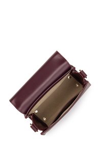 Piccola borsa a tracolla in pelle burgundy con pattina aperta che mostra l'interno beige e hardware dorato su sfondo bianco.