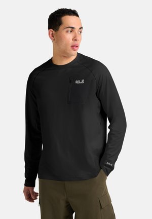 Zwart shirt met lange mouwen van lichtgewicht stof, met een borstzak en logo-accent. Soepele textuur met een ronde halsontwerp.