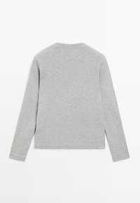 Lichtgrijs langemouwen shirt gemaakt van zachte stof, met een ronde hals en lichte zijsplitten aan de onderkant voor een relaxte pasvorm.