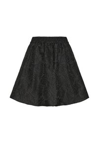 Black skirt with a textured rose pattern, elastic waistband, flared shape, and knee-length design. Soft fabric with a smooth finish.
