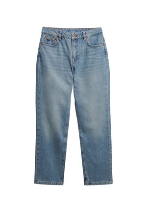 Lichtblauwe denim jeans met een recht gesneden pasvorm, voorzien van een knoop- en ritssluiting, vijf zakken en een lichte vervaging op de stof.