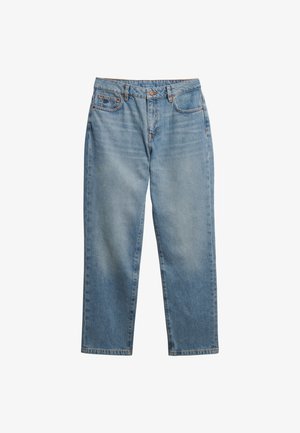 Jean en denim bleu clair avec une coupe droite, doté d'un bouton et d'une fermeture éclair, de cinq poches et d'un léger délavage sur le tissu.